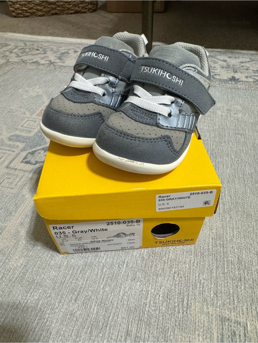 Tsukihoshi Kids Grey and White Racer Sneaker with Hook-and-Loop Strap